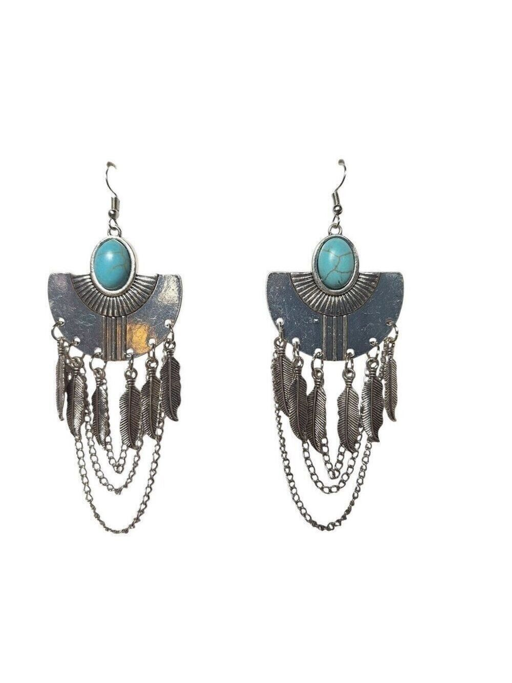 Vintage Turquoise Feather Fan Silver Tone Earrings
